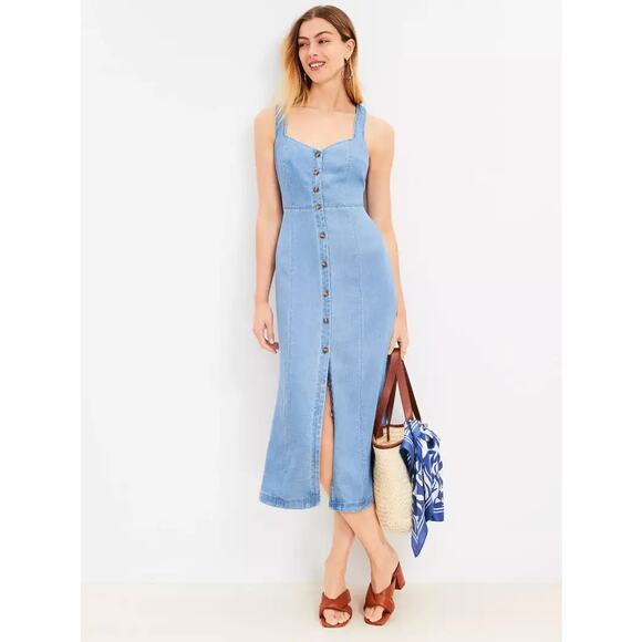 NEW LOFT Chambray Button Front Midi Dress 00 - Picture 1 of 6